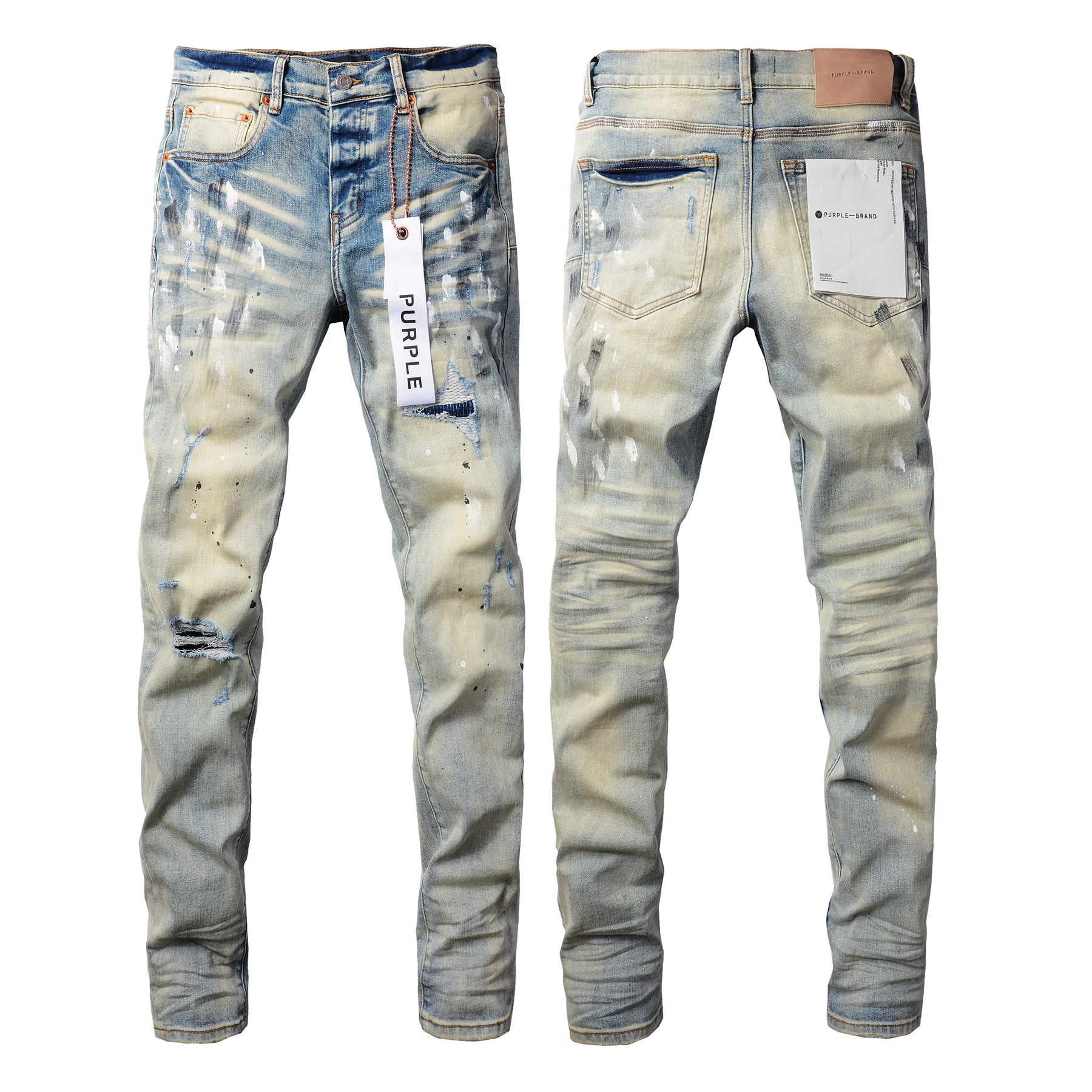 PURPLE  Men Streetwear Skinny Jeans Light Blue Wash with White Paint Splatter and Distressed Rips 9007