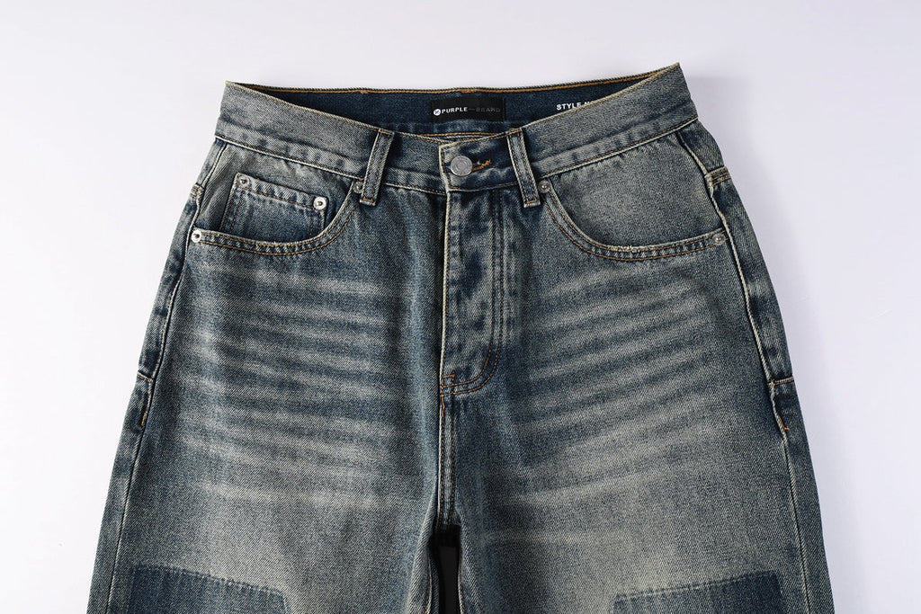 PURPLE  Men Vintage Streetwear Straight Jeans Blue Washed with Whisker Fade and Contrast Panels PU9120