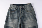 PURPLE  Men Vintage Streetwear Straight Jeans Blue Washed with Whisker Fade and Contrast Panels PU9120