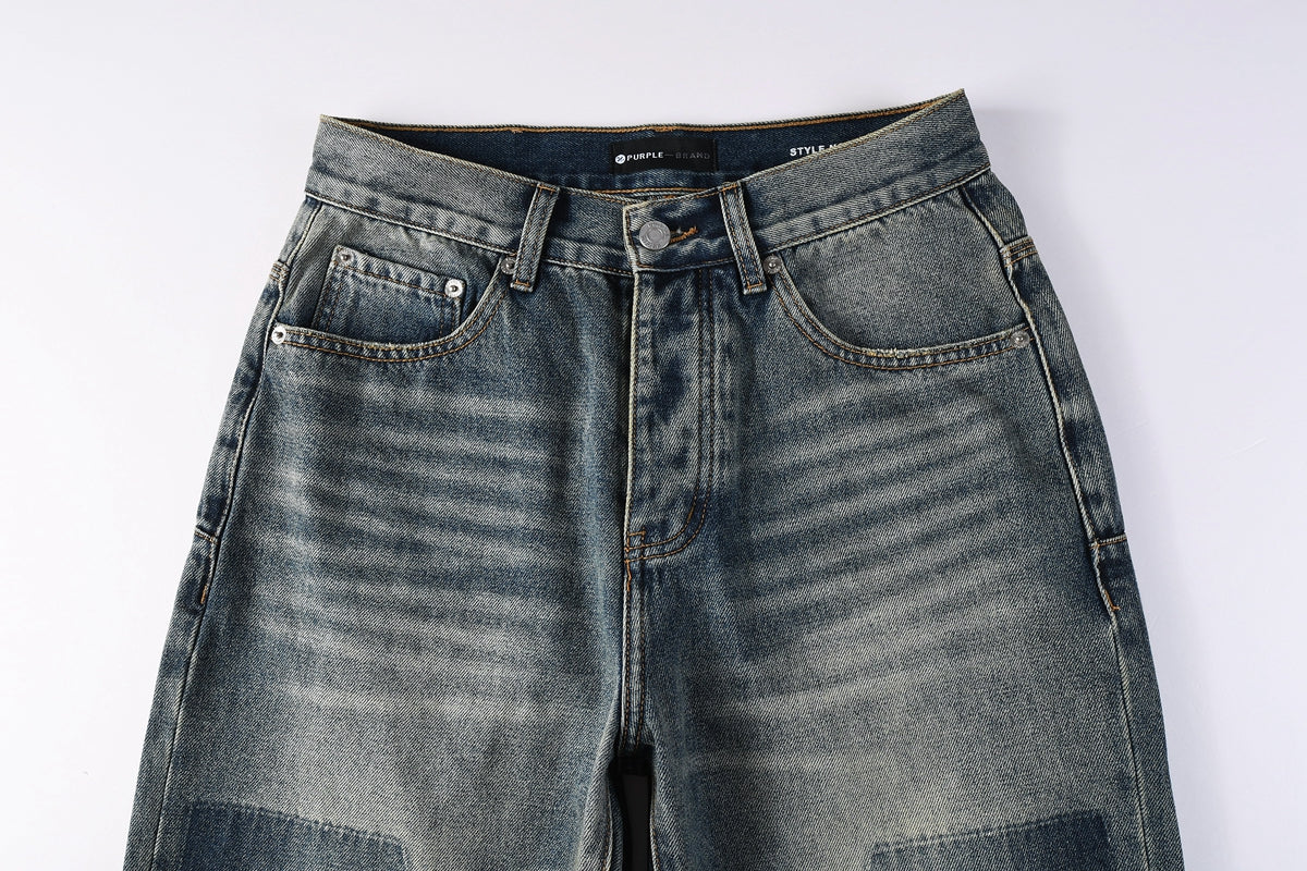 PURPLE  Men Vintage Streetwear Straight Jeans Blue Washed with Whisker Fade and Contrast Panels PU9120