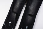 PURPLE   Men Streetwear Skinny Jeans Black Fade Wash with White Paint Splatter and Distressed Rips 9002