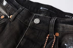 PURPLE  Men Streetwear Skinny Jeans Dark Gray Wash with White Paint Splatter and Distressed Rips 9030