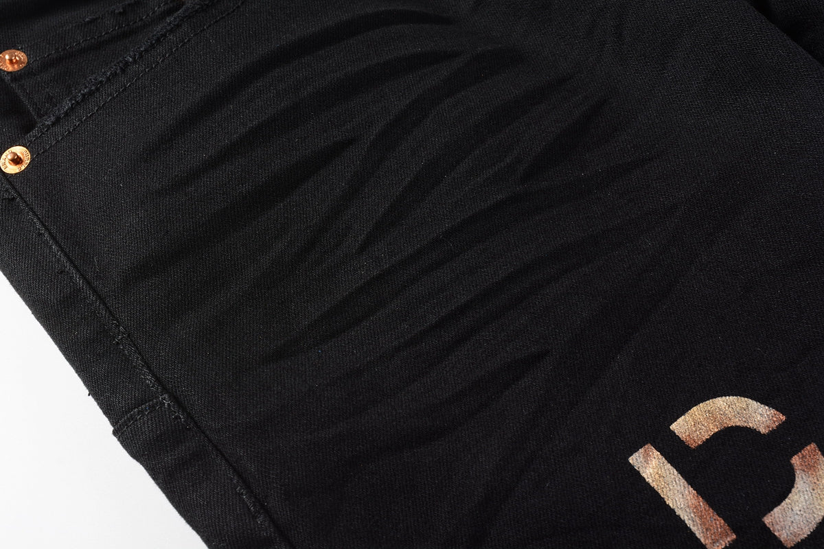PURPLE  Men Streetwear Skinny Jeans Black Wash with All-Over Metallic Gold "P" Print 9008
