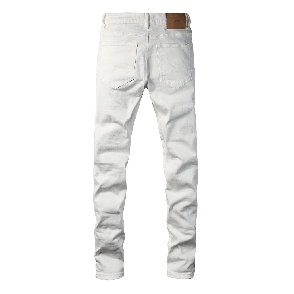 PURPLE  Men Classic Streetwear Skinny Jeans Solid White with Subtle Distressed Details PU9118