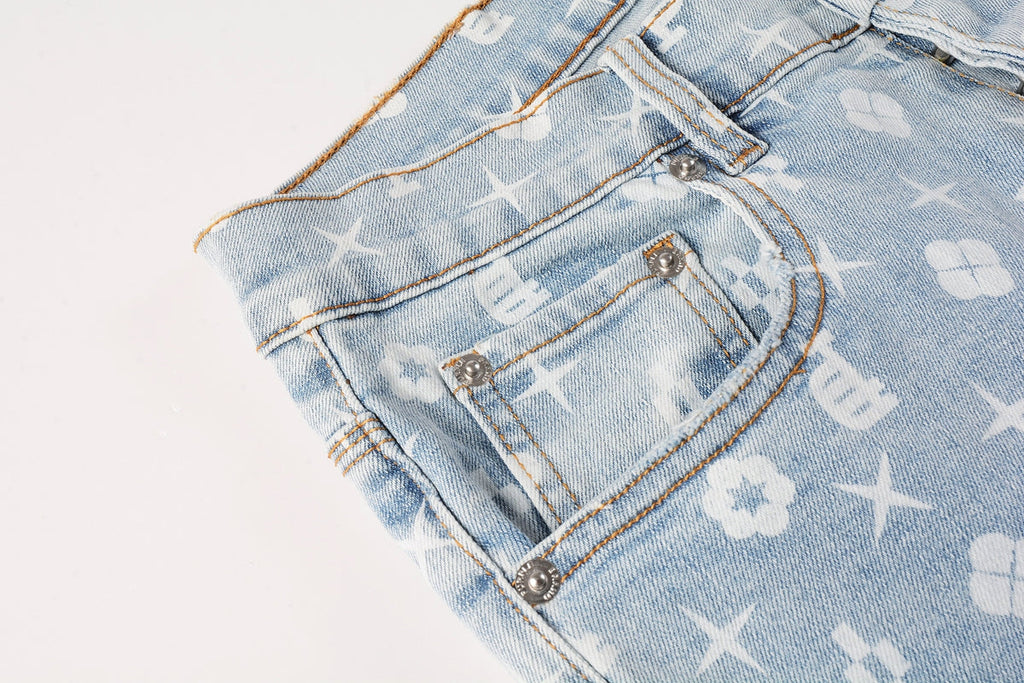 PURPLE  Men Streetwear Skinny Jeans Light Blue Wash with All - Over Pattern Print 9089