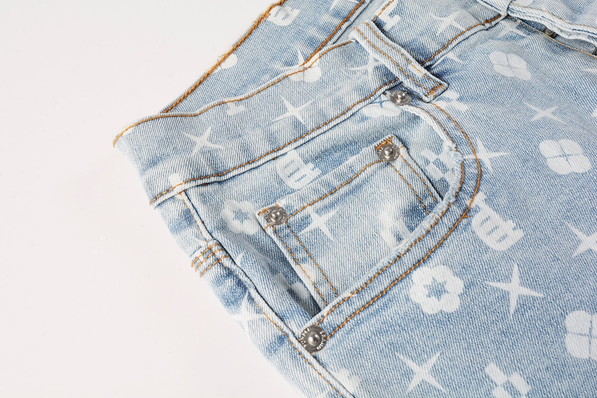 PURPLE  Men Streetwear Skinny Jeans Light Blue Wash with All - Over Pattern Print 9089