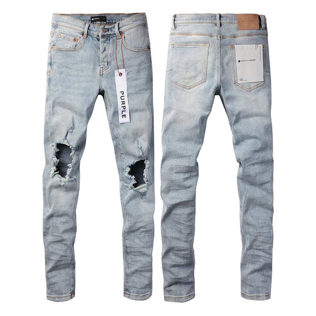 PURPLE   Men Streetwear Skinny Jeans Light Blue Wash with Knee Ripped Details and Black Lining 9010