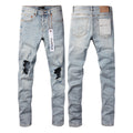 PURPLE   Men Streetwear Skinny Jeans Light Blue Wash with Knee Ripped Details and Black Lining 9010