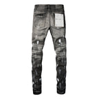 PURPLE  Men Streetwear Skinny Jeans Dark Gray Wash with White Paint Splatter and Distressed Rips 9032