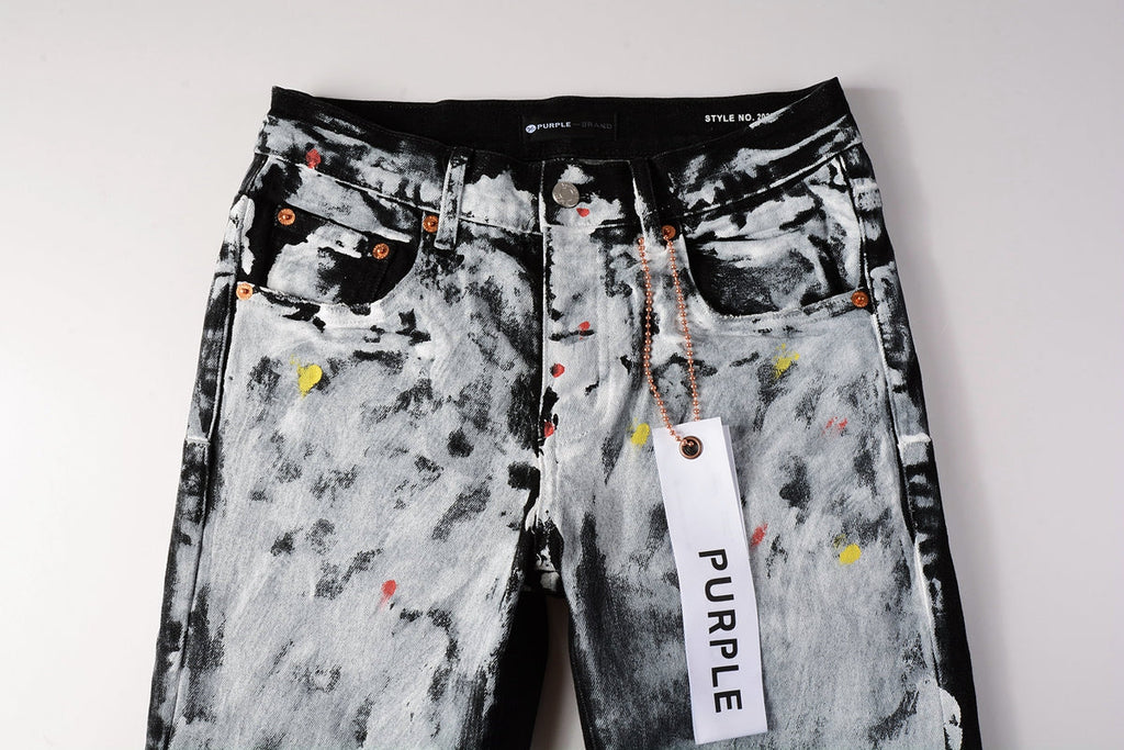 PURPLE  Men Streetwear Skinny Jeans Black and White Graffiti Wash with Multi - Color Paint Accents 9020