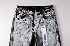 PURPLE  Men Streetwear Skinny Jeans Black and White Graffiti Wash with Multi - Color Paint Accents 9020