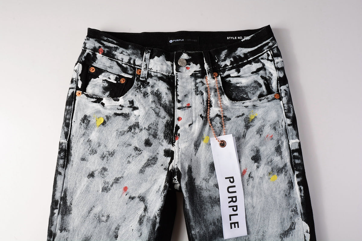 PURPLE  Men Streetwear Skinny Jeans Black and White Graffiti Wash with Multi - Color Paint Accents 9020
