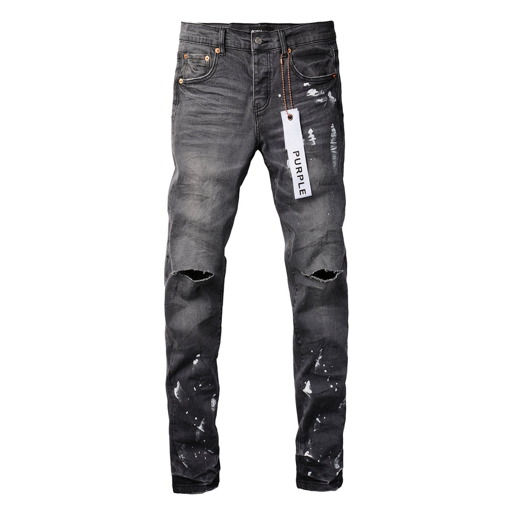 PURPLE  Men Streetwear Skinny Jeans Dark Gray Wash with Knee Rips and White Paint Splatter 9039