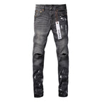 PURPLE  Men Streetwear Skinny Jeans Dark Gray Wash with Knee Rips and White Paint Splatter 9039