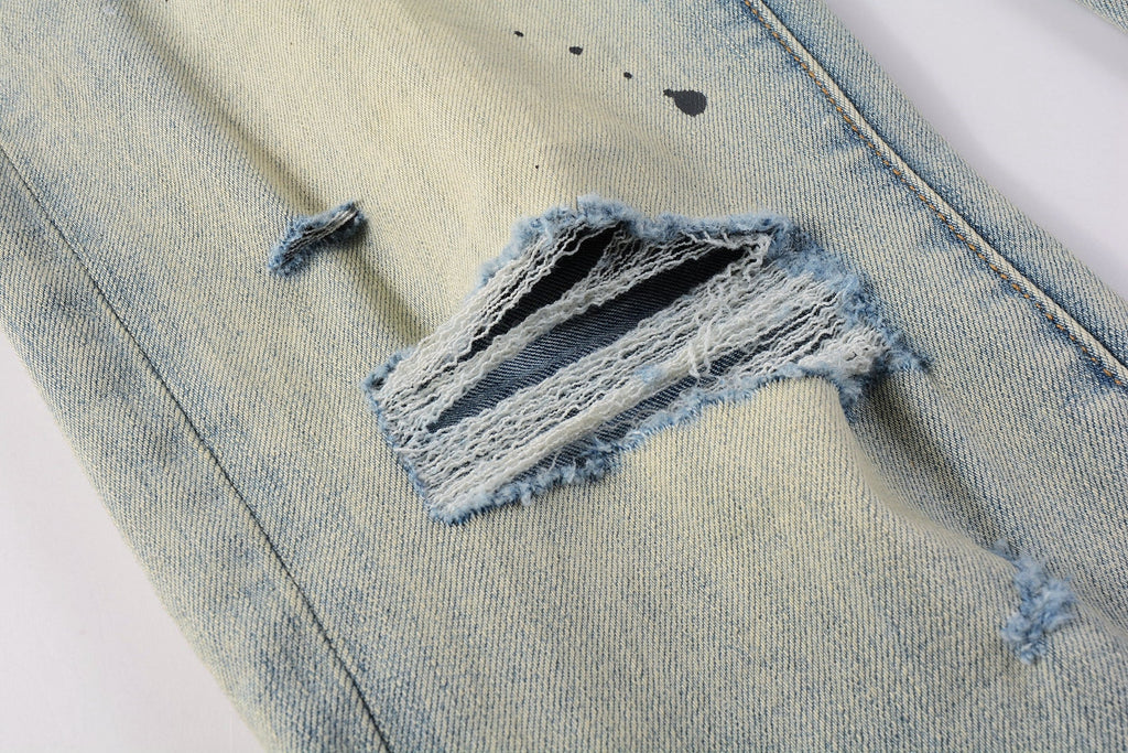 PURPLE  Men Streetwear Skinny Jeans Light Blue Wash with White Paint Splatter and Distressed Rips 9007
