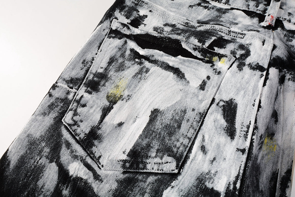 PURPLE  Men Streetwear Skinny Jeans Black and White Graffiti Wash with Multi - Color Paint Accents 9020