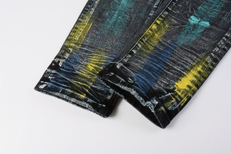 PURPLE  Men Streetwear Skinny Jeans Black Wash with Colorful Graffiti Paint Splash 9078