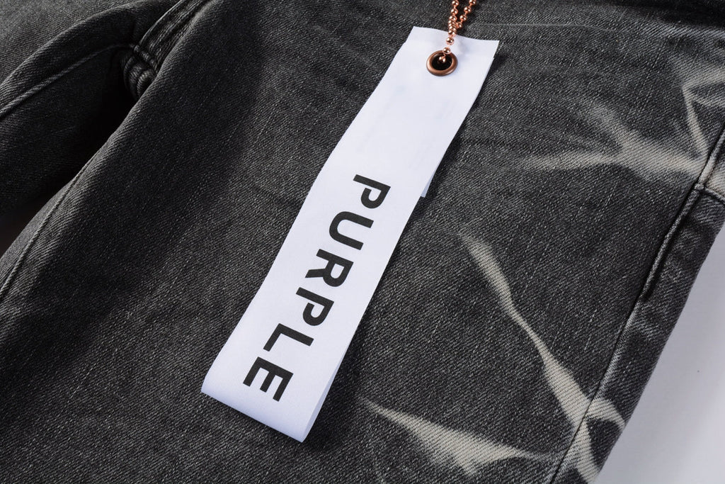 PURPLE  Men Streetwear Skinny Jeans Dark Gray Wash with White Marbled Texture 9056