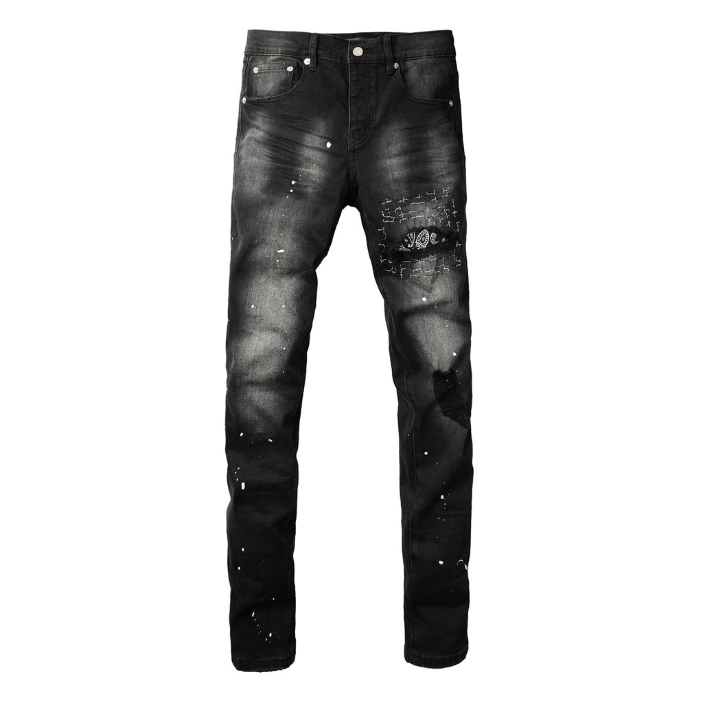 PURPLE  Men Streetwear Jeans Distressed Black Paint Splash Patch Ripped skinny 9099