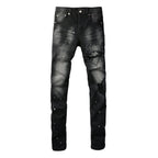PURPLE  Men Streetwear Jeans Distressed Black Paint Splash Patch Ripped skinny 9099