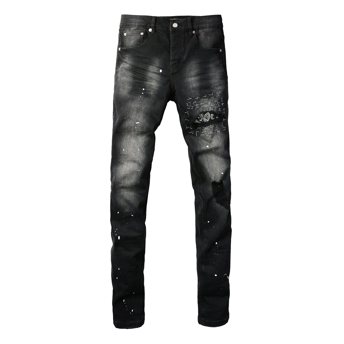 PURPLE  Men Streetwear Jeans Distressed Black Paint Splash Patch Ripped skinny 9099