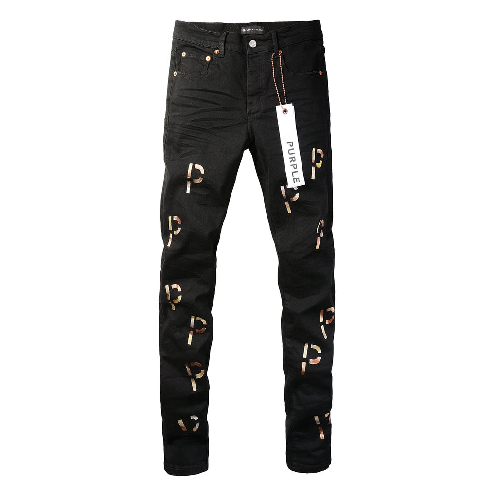 PURPLE  Men Streetwear Skinny Jeans Black Wash with All-Over Metallic Gold "P" Print 9008