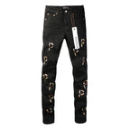 PURPLE  Men Streetwear Skinny Jeans Black Wash with All-Over Metallic Gold "P" Print 9008