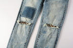 PURPLE  Men Streetwear Jeans Distressed Light Blue Patch Leopard Ripped skinny 9095
