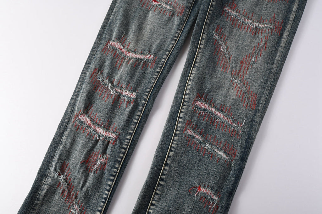 PURPLE  Men Streetwear Skinny Jeans Light Blue Wash with Red - Patched Distressed Details 9114