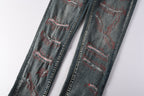 PURPLE  Men Streetwear Skinny Jeans Light Blue Wash with Red - Patched Distressed Details 9114