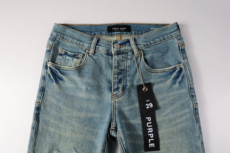 PURPLE  Men Streetwear Skinny Jeans Light Blue Wash with Distressed Ripped Knee Details 9076