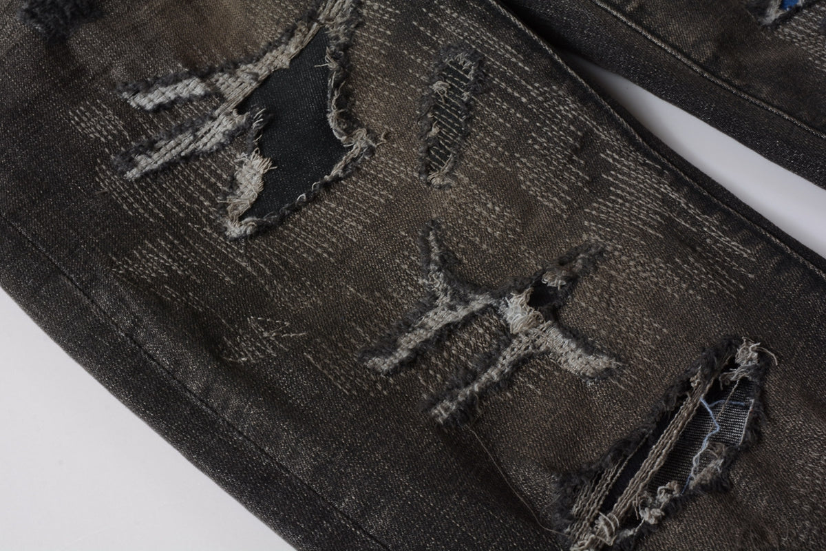 PURPLE  Men Streetwear Skinny Jeans Dark Gray Wash with Multi - Color Patched Distressed Details 9080