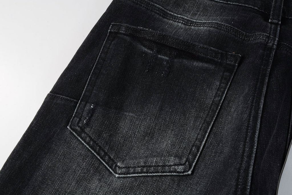 PURPLE   Men Streetwear Skinny Jeans Black - Gray Fade Wash with White Paint Specks 9027