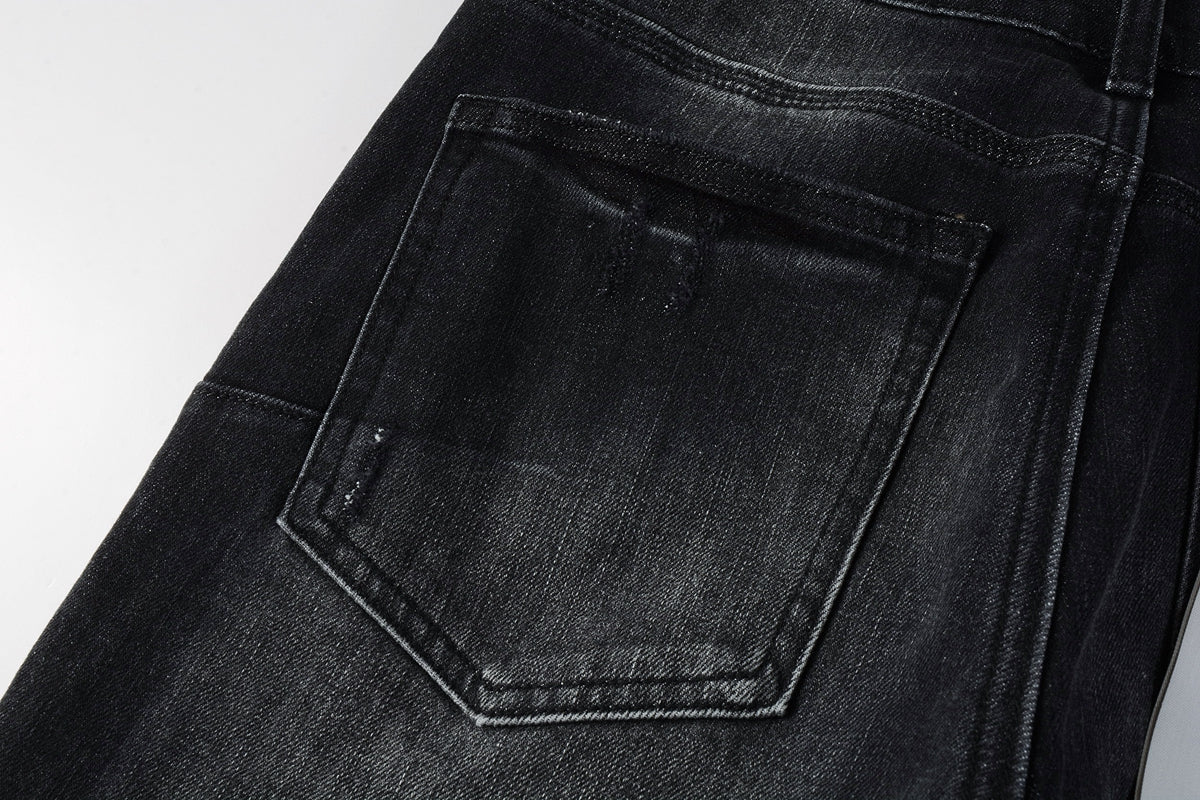 PURPLE   Men Streetwear Skinny Jeans Black - Gray Fade Wash with White Paint Specks 9027