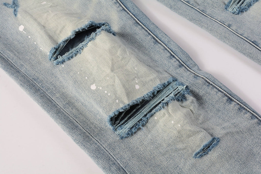 PURPLE   Men Streetwear Skinny Jeans Light Blue Wash with Heavy Distressed Rips and White Paint Splatter 9003