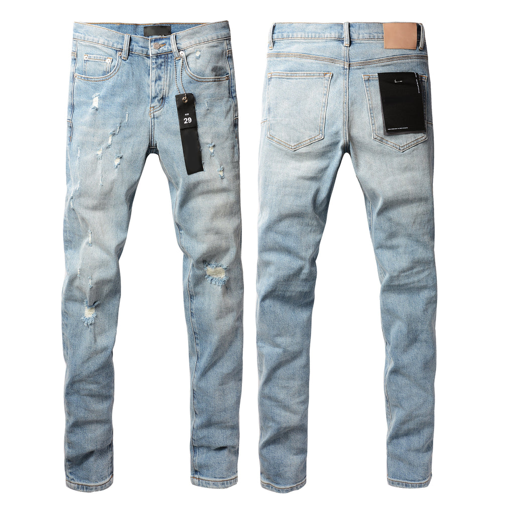 PURPLE   Men Streetwear Skinny Jeans Light Blue Wash with Subtle Distressed Ripped Details 9075