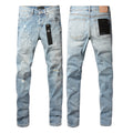 PURPLE   Men Streetwear Skinny Jeans Light Blue Wash with Subtle Distressed Ripped Details 9075