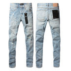 PURPLE   Men Streetwear Skinny Jeans Light Blue Wash with Subtle Distressed Ripped Details 9075
