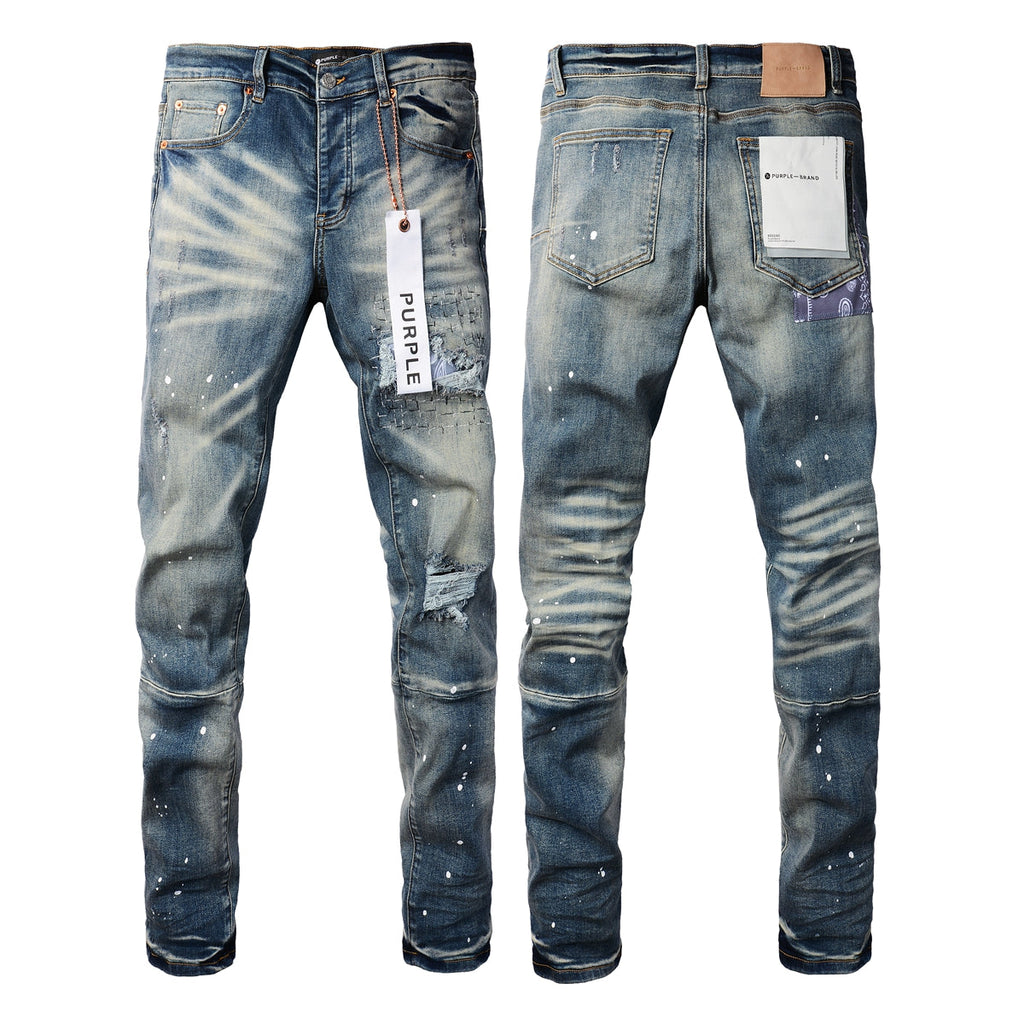 PURPLE  Men Streetwear Jeans Distressed Blue PatchPaint skinny Fit 9025