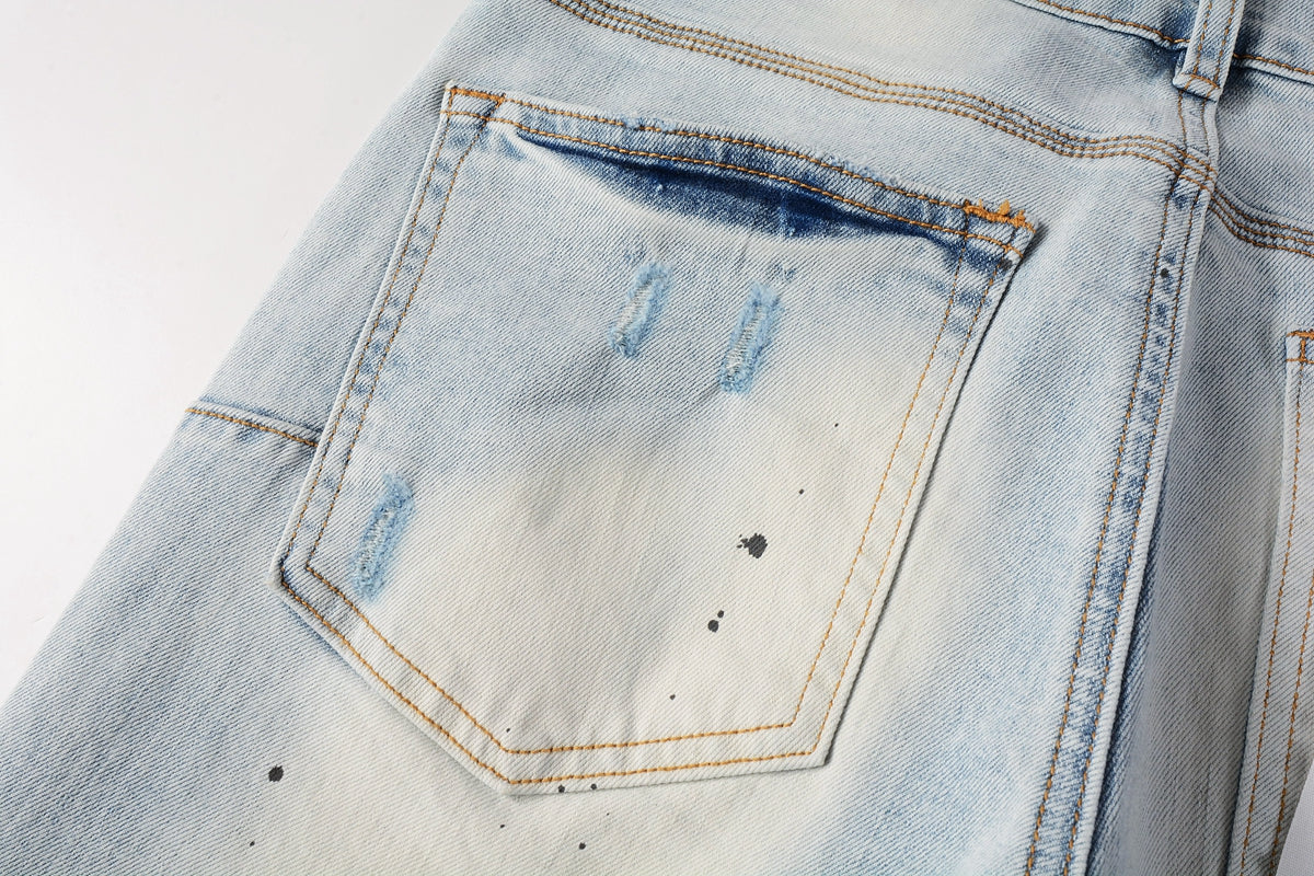 PURPLE  Men Streetwear Skinny Jeans Light Blue Wash with White Paint Splatter and Subtle Distress 9006