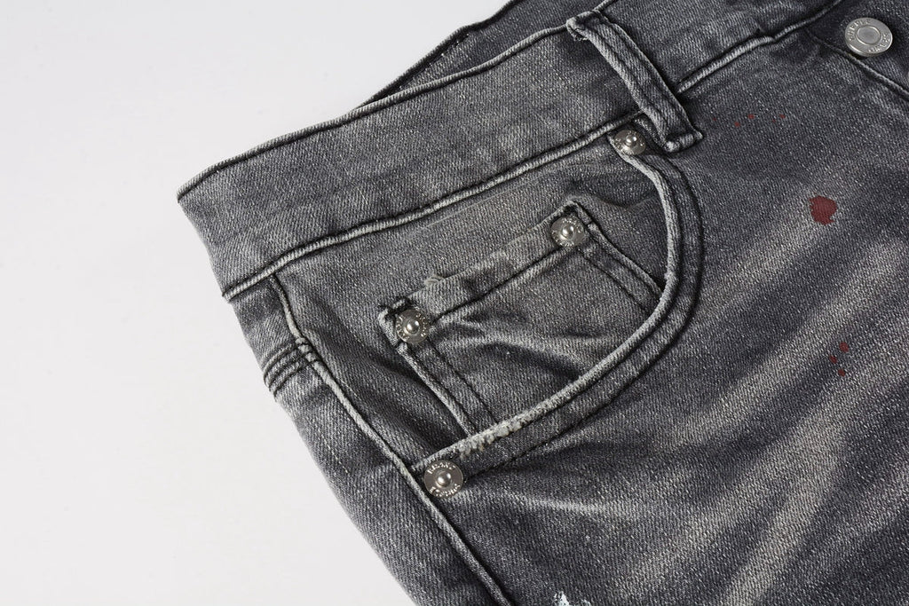 PURPLE  Men Streetwear Distressed Grey Skinny Jeanswith Color Paint Splatter and Knee Rips 9107