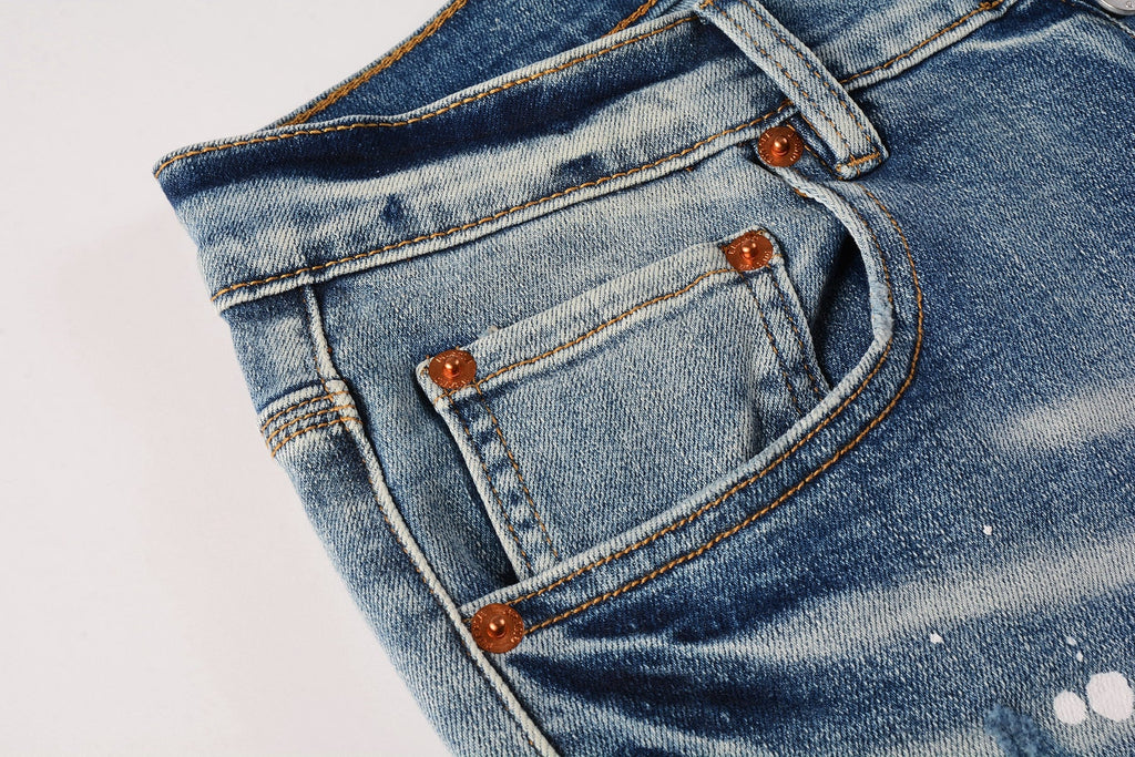 PURPLE   Men Streetwear Skinny Jeans Light Blue Wash with Heavy Distressed Rips and White Paint Splatter 9003