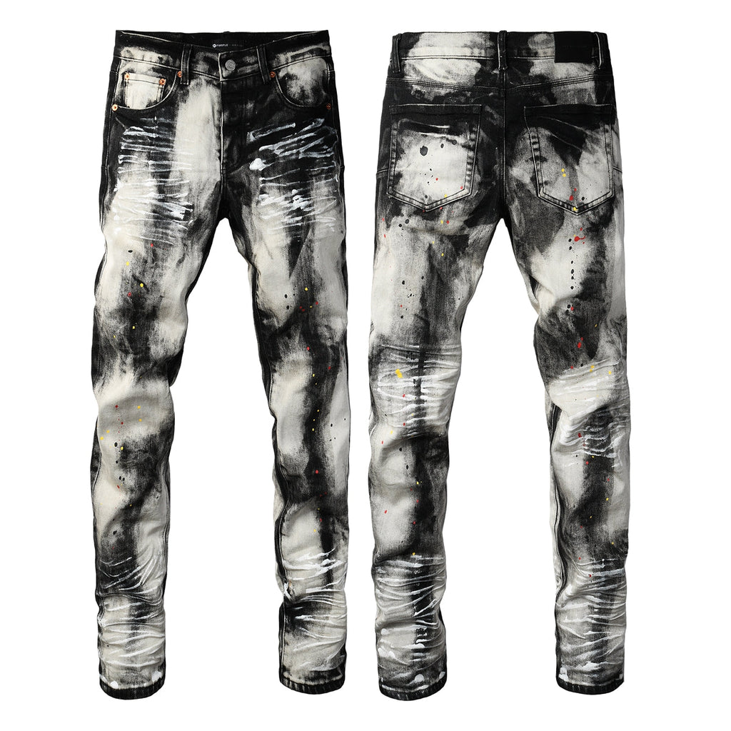 PURPLE  Men Streetwear Skinny Jeans Black and White Graffiti Wash with Multi Color Paint Splash 9111