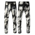 PURPLE  Men Streetwear Skinny Jeans Black and White Graffiti Wash with Multi Color Paint Splash 9111