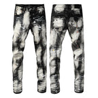 PURPLE  Men Streetwear Skinny Jeans Black and White Graffiti Wash with Multi Color Paint Splash 9111