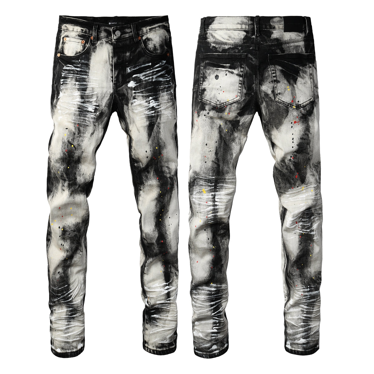 PURPLE  Men Streetwear Skinny Jeans Black and White Graffiti Wash with Multi Color Paint Splash 9111