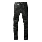 PURPLE  Men Streetwear Skinny Jeans Black Wash with Subtle Sheen and Tag Accent 9082