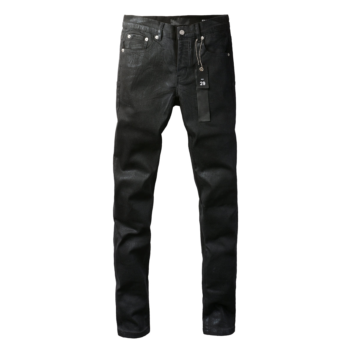 PURPLE  Men Streetwear Skinny Jeans Black Wash with Subtle Sheen and Tag Accent 9082