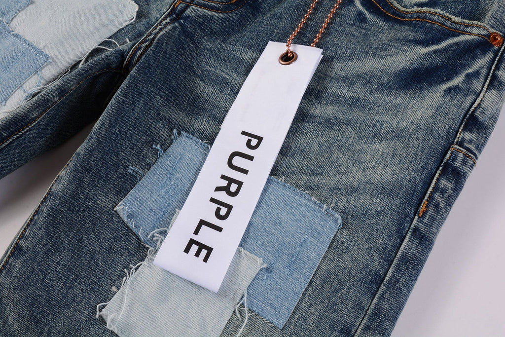 PURPLE  Men Streetwear Skinny Jeans Light Blue Wash with Patchwork Distressed Details 9015