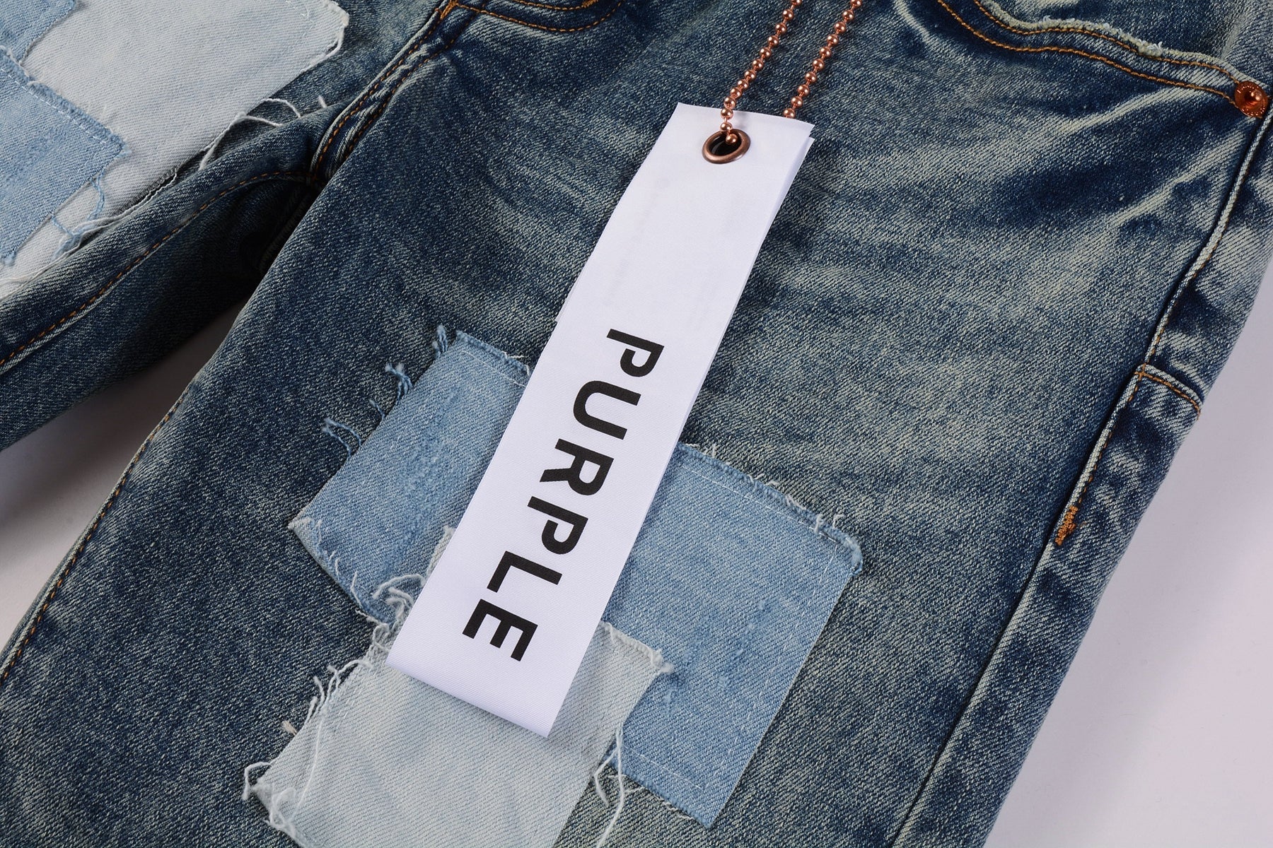 PURPLE  Men Streetwear Skinny Jeans Light Blue Wash with Patchwork Distressed Details 9015